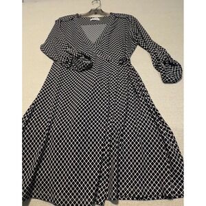 Calvin Klein Womens Wrap Dress Black White Geometric Print Roll Tab Sleeves Sz 8